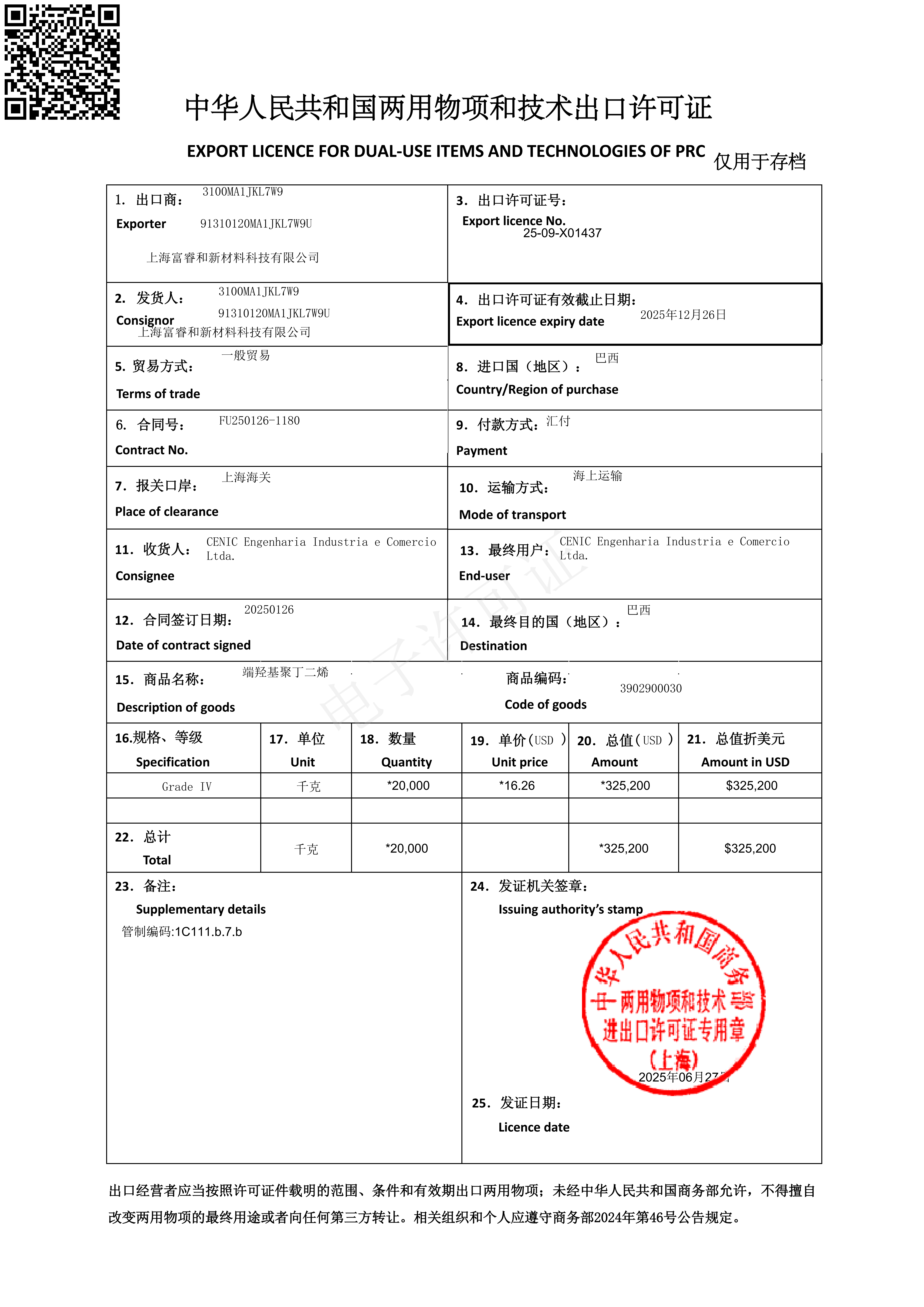 HTPB(Hydroxyl-Terminating Polybutadiene) 수출 허가