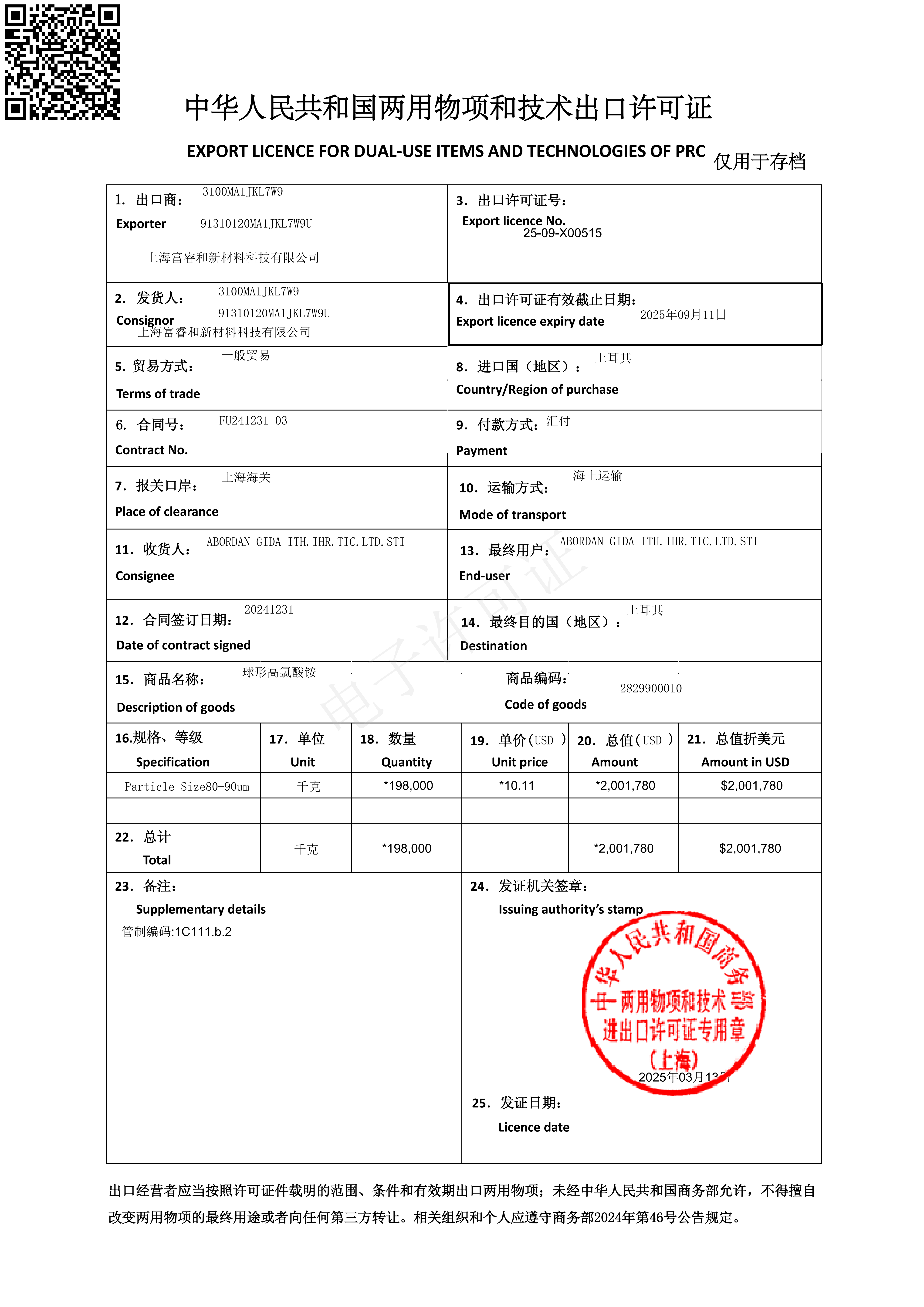 AP(과염소산암모늄) 수출 허가